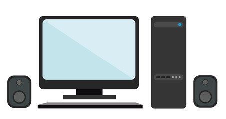 Monitor, keyboard, CPU, speakers on a white background. Flat vector isolated illustration