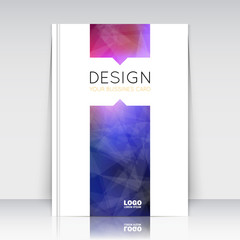 Abstract composition. Blue, purple polygonal texture. Triangle part trademark construction. Lines plexus section. White brochure title sheet. Creative figure icon surface. Banner form. Flyer font.