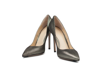 Metallic female high heel shoes on white background	