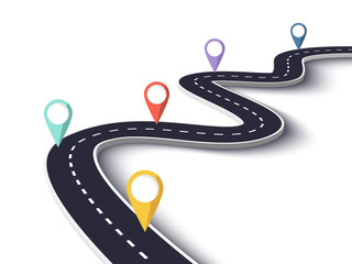 Winding Road on a White Isolated Background. Road way location infographic template with pin pointer. Vector EPS 10