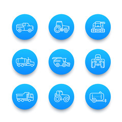 Agricultural machinery line icons set, tractor, milk truck, pickup car, harvester, combine machine, agrimotor