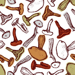 Seamless pattern with forest mushrooms. Boletus, porcini, chanterelles. Objects drawn with ink and pen. Hand drawn. Vector illustration.