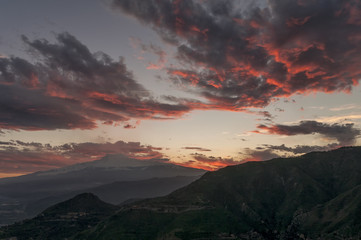 Sunset on volcano Etna from Castelmola, Taormina, Messina, Sicily, Italy