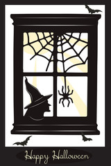 Happy Halloween card. Witch silhouette and spooky spider.