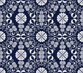 Seamless Blue Japanese Background Spiral Cross Gourd Vine Flower
