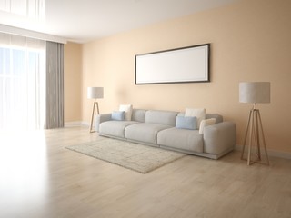 Mock up a bright living room with a large sofa and stylish floor lamps.