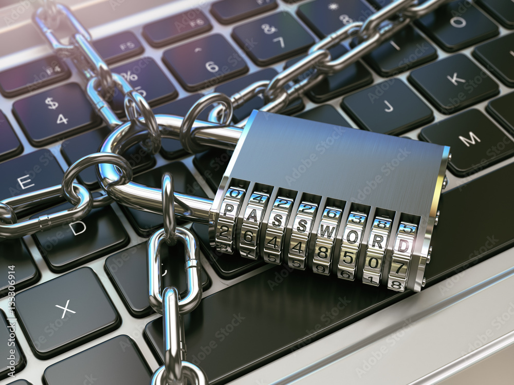 Poster password. computer security or safety concept. laptop keyboard w