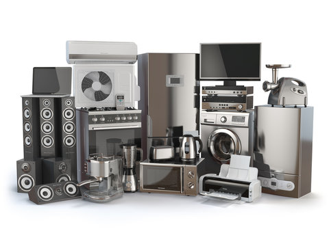 Home appliances. Gas cooker, tv cinema, refrigerator air conditi