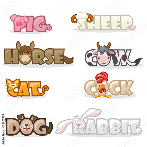 "cartoon pets, funny cute animal text name" Stock image and royalty