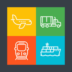 transportation industry line icons, air transport, cargo ship, truck, train, vector illustration
