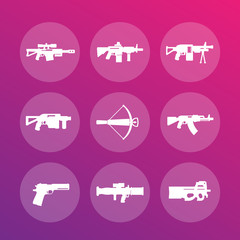 weapons, firearms icons set, sniper and assault rifles, machine gun, crossbow, pistol, grenade, rocket launchers