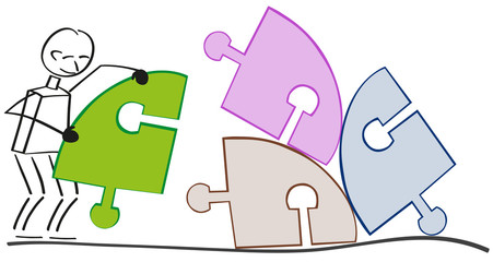 Männchen Packt Unordnung an und räumt Einzelteile auf.