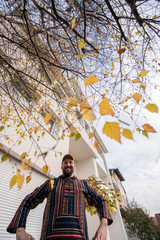 Fototapeta premium Man living his dream in front of his new modern house