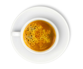 white cup with espresso coffee and snowflake isolated on white