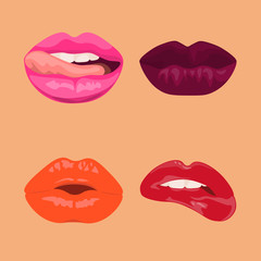 Obraz premium Set of 4 sexy bright mouths, erotic seductive lips, passion