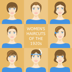 Women's hairstyles 20 years of the twentieth century. Set of eight women retro hairstyles