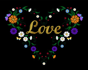 Golden embroidery flower heart with lettering word Love Valentine Day