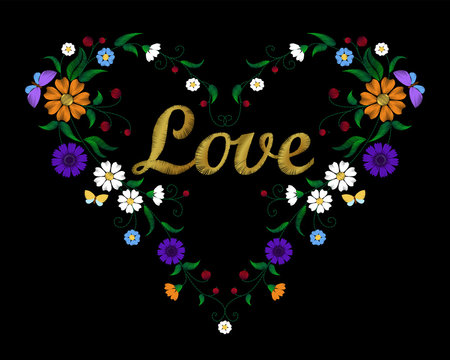 Golden embroidery flower heart with lettering word Love Valentine Day
