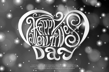 Happy Valentines Day hand drawing lettering design. White on abstract shiny sparcles and flares background. Vector illustration