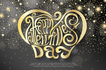 Fototapeta na wymiar Happy Valentines Day hand drawing lettering design. Golden on abstract shiny yellow and white sparcles and flares background. Vector illustration