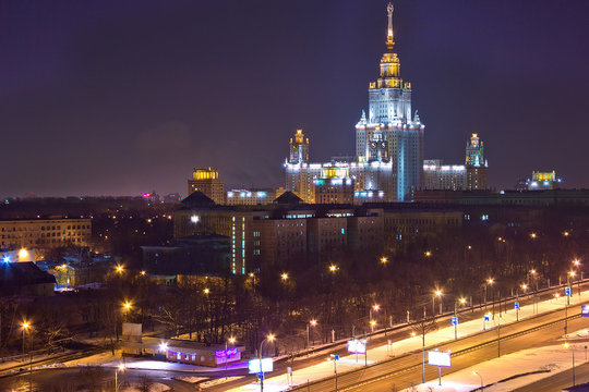 Night cityscape view of Moscow. View from rooftop to the main building of MSU
