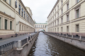 Fototapeta na wymiar View of Winter Canal and Winter bridge towards Neva River, St. Petersburg, Russia