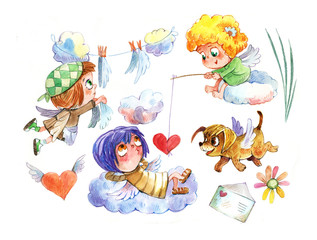 Naklejka premium Little Angels, dog, Valentine's Day, watercolor