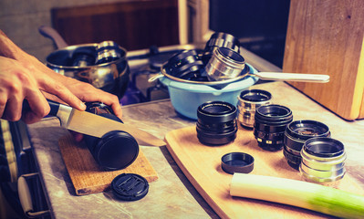 Cooking in the kitechen with camera lenses