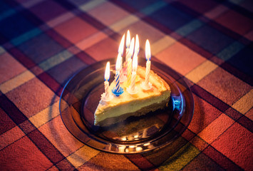 Birthday celebration cake slice with 8 candles