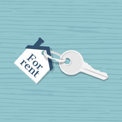 House key with trinket house shaped, isolated on a wooden table background. Rental estate. Sale property template. Vector illustration flat design. Tag as house. 