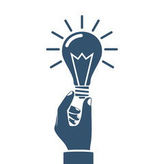 Hand holding lightbulb concept silhouette. Business idea icon, solution innovative technology. Creative ideas pictogram. Vector illustration flat style design. Electric lamp in hand.Invention, eureka.