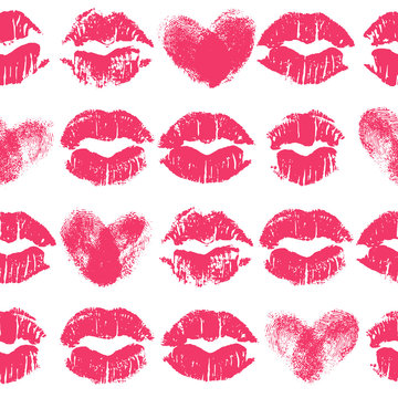 Seamless pattern with lipstick kisses and heart