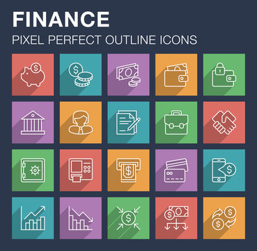 Set of pixel perfect outline finance and banking icons with long shadow. Editable stroke.