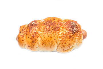 Bread with sausage on white background