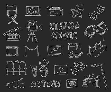 Set of hand drawn cinema icons