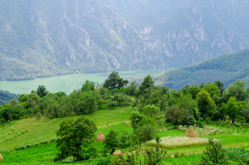 Obraz premium Beautiful lake view and orchard on the mountain