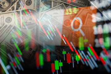 Double exposure of abstract digital binary code and US dollars b