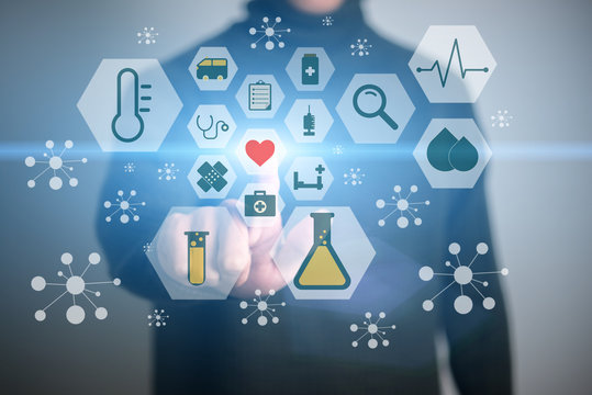  Virtual screen with icons about medical icons, Young man touchi