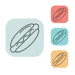 Hot Dog icon, outline thin line isolated vector sign symbol, on white, red, blue, yellow and grey background. Food and drink elements. Can be used in logo, UI and web design