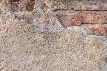 Old Red Brick Wall Texture With Cracked Concrete