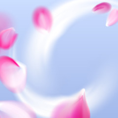 Fresh air flow with flying vector pink petals in the blue sky background