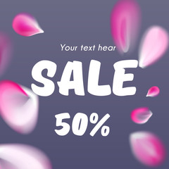 Springtime sale background with falling abstract pink petals. Vector illustration.
