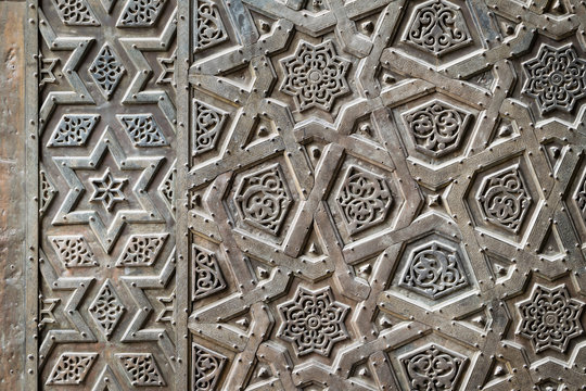 Ornaments of the bronze-plate ornate door of Sultan Qalawun mosque, an ancient historic mosque in Old Cairo, Egypt