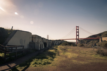 Military bunker in fort baker with the golden gate bridge in the