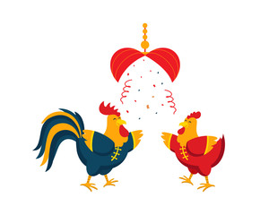 Chinese New Year 2017, Rooster Couple Character Illustration in Various Activities.