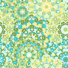 Fototapeta premium Seamless colorful ethnic pattern with mandalas in oriental style. Round doilies with green, blue and yellow curls and swirls weaving in arabesque traditional lace ornament. Vector illustration.