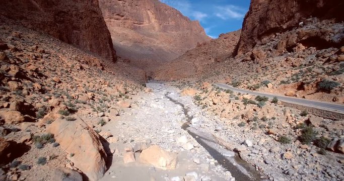 Aerial, Gorges Du Todra, Todra Gorge, Morocco. Graded and stabilized version. Watch also for the native material, straight out of the camera.