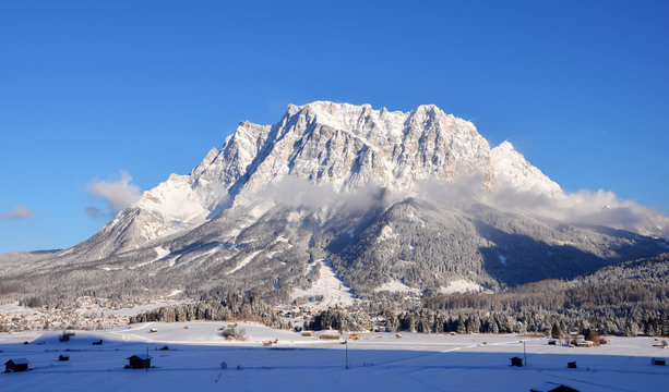 Beautiful view of Zugspitze in Germany on a sunny Winter Day, seen from Lermoos