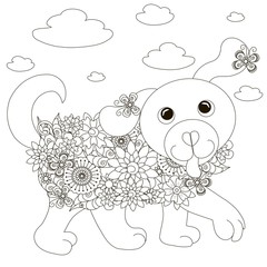 Flowers dog coloring page anti-stress stock vector illustration