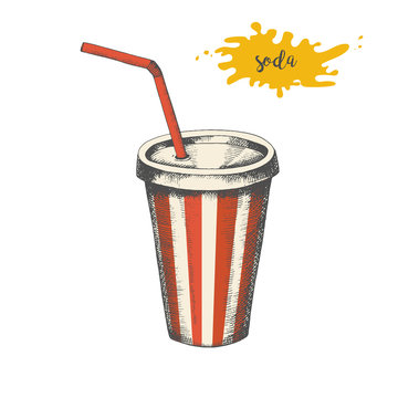 Hand-drawn soda cup in color. Element for fast food menu. Vector object. Sketch, engraving.